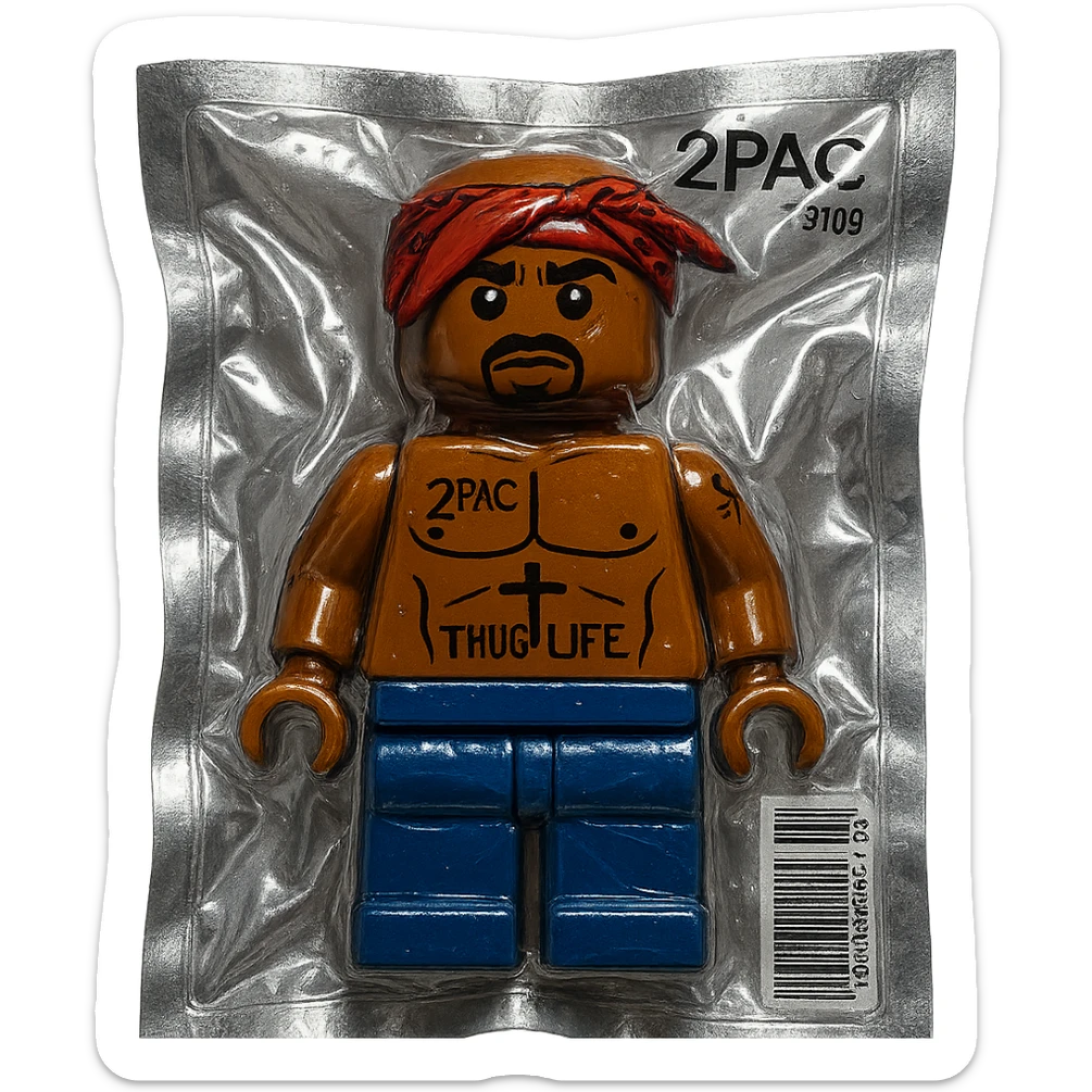 Lego minifigure styled as 2Pac (Tupac Shakur), with bandana, tattoos, and iconic look, glossy and puffy sticker