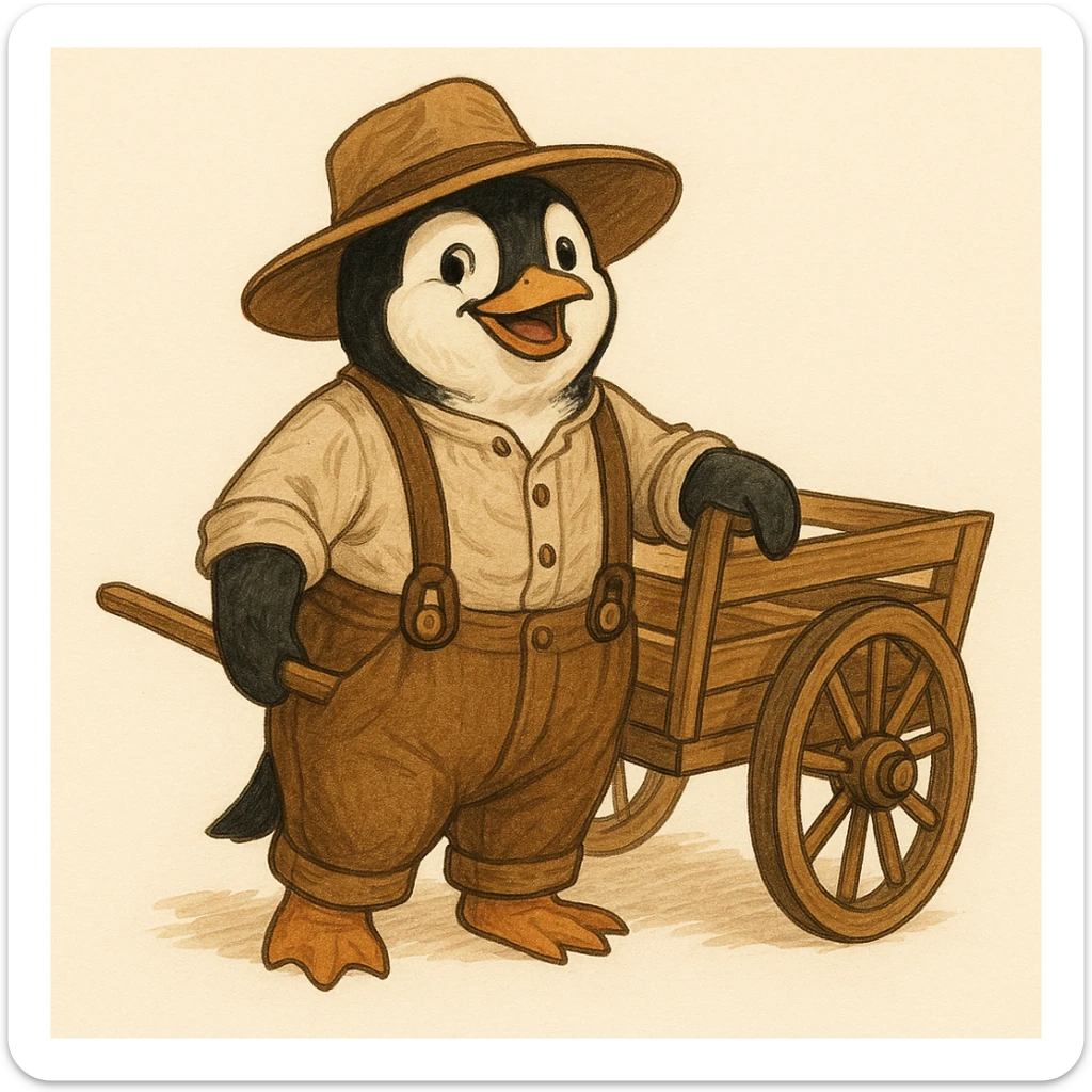 a cheerful and determined penguin in pioneer clothing, including a wide-brimmed hat and suspenders, standing next to a wooden handcart, minimal background sticker