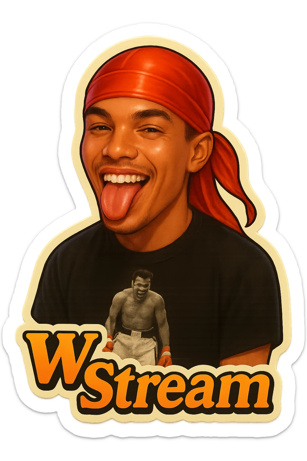 Make him Smiling with tongue sticking 
Change His durag To Red
Add the words W Stream sticker