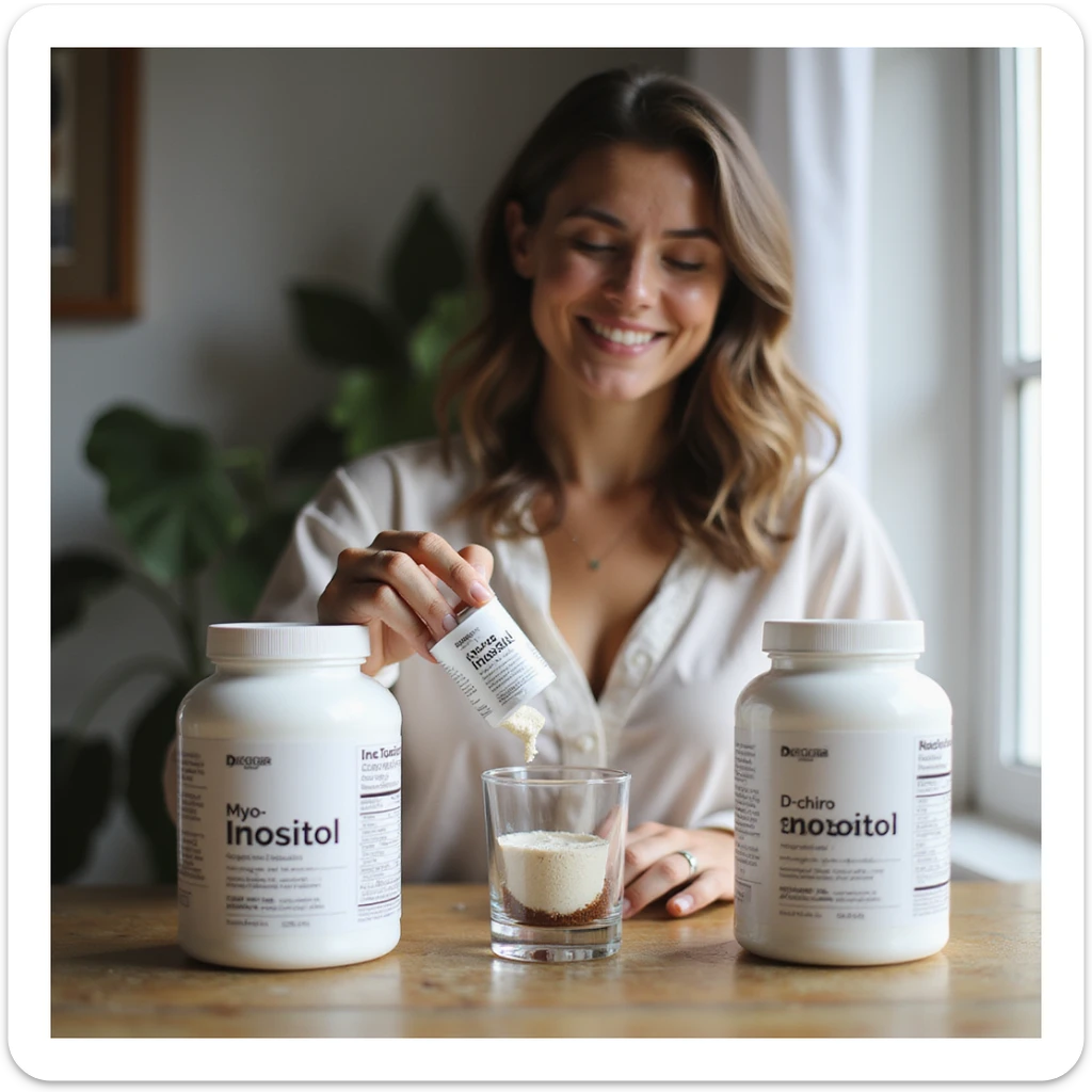 realistic smiling woman in a home environment, customizing the use of Myo-Inositol and D-chiro-Inositol: two distinct packages with visible labels, dosing or mixing powders in a glass, positive atmosphere, natural light sticker