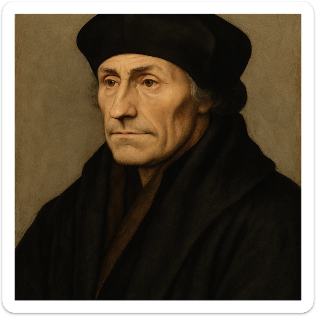 classic portrait of Erasmo de Rotterdam, serious face, wearing a dark cap and dark robe, neutral background sticker