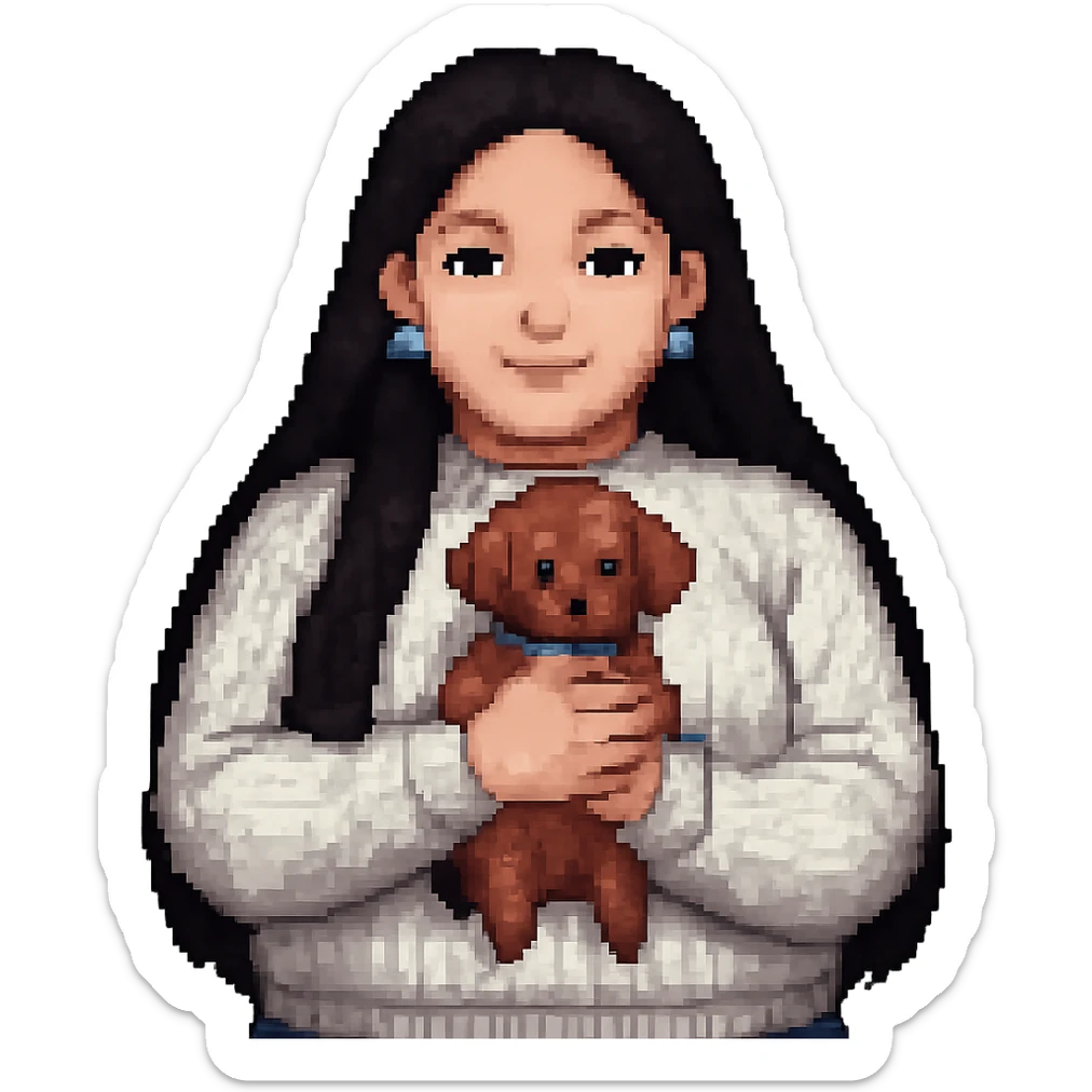 Make the woman's hair much darker and longer, reaching waist length, and increase her weight for a fuller figure, in pixel art style, with no background. sticker