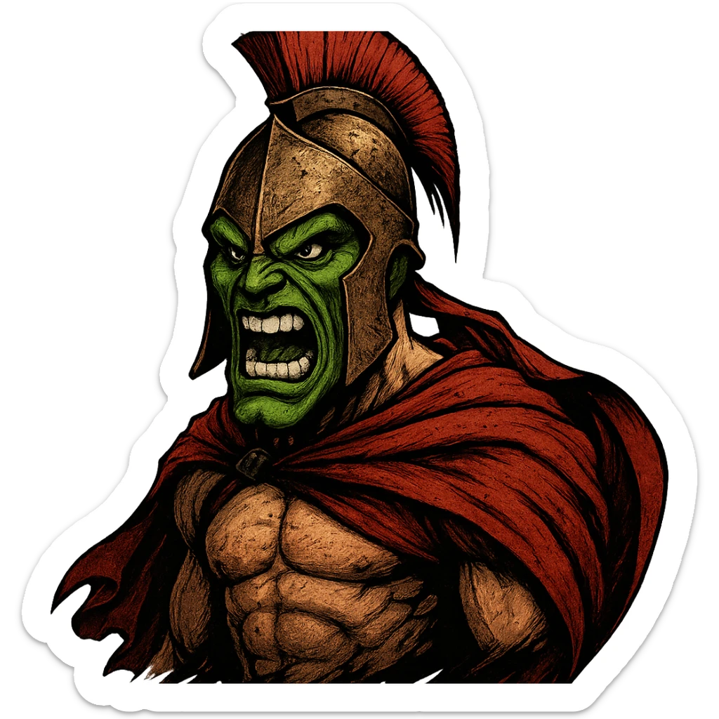 the Mask's green face with a fierce expression, wearing a red Spartan cape, inspired by the movie '300' sticker