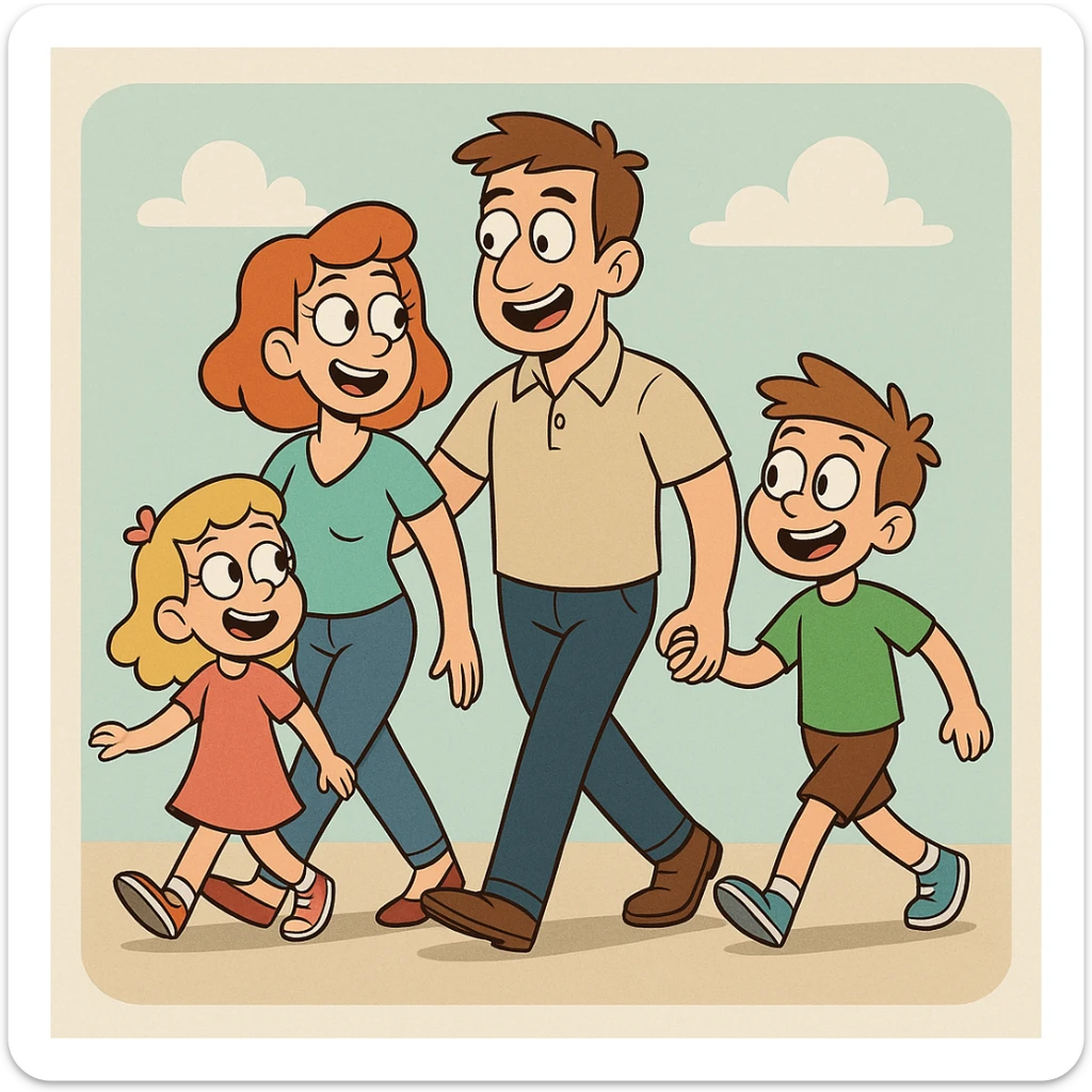 family walking together, modern cartoon style, happy expressions, colorful sticker