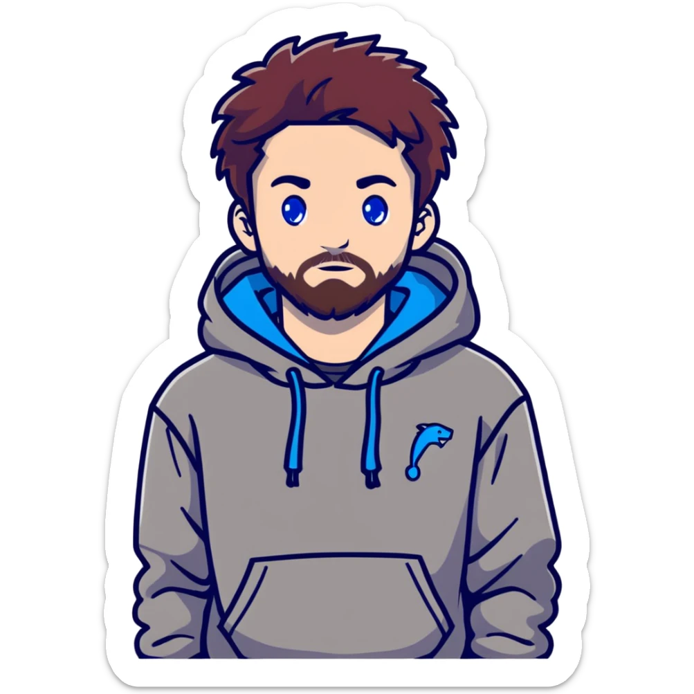 Full body Adult male with blue eyes and dark redish messy hair and trimmed facial hair wearing a gray puma hoodie sticker