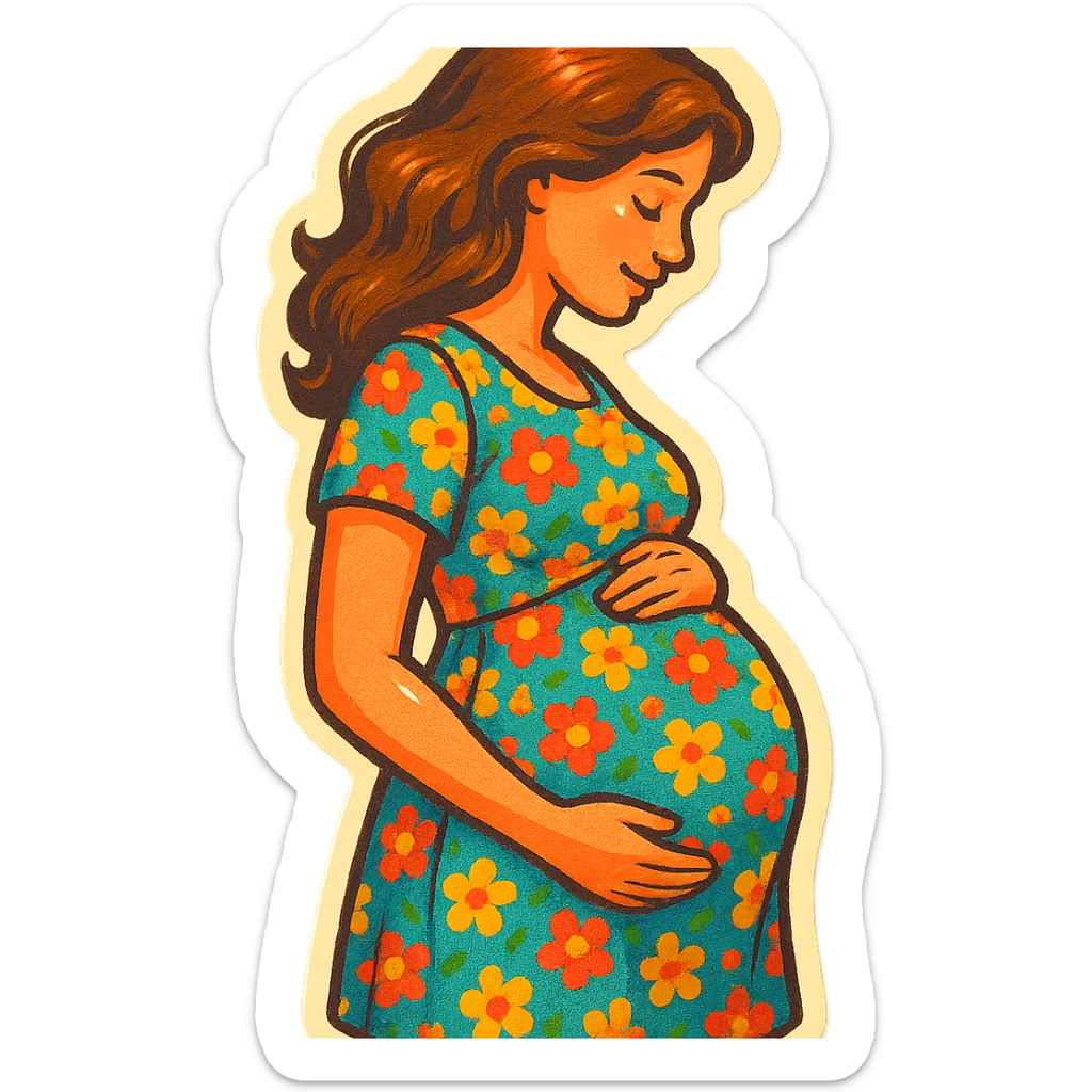 pregnant girl in floral print dress standing sideways holding belly, retro stickers style, soft rounded shapes, expressive contours, vintage color palette, light paper texture, shadows and highlights, transparent background sticker
