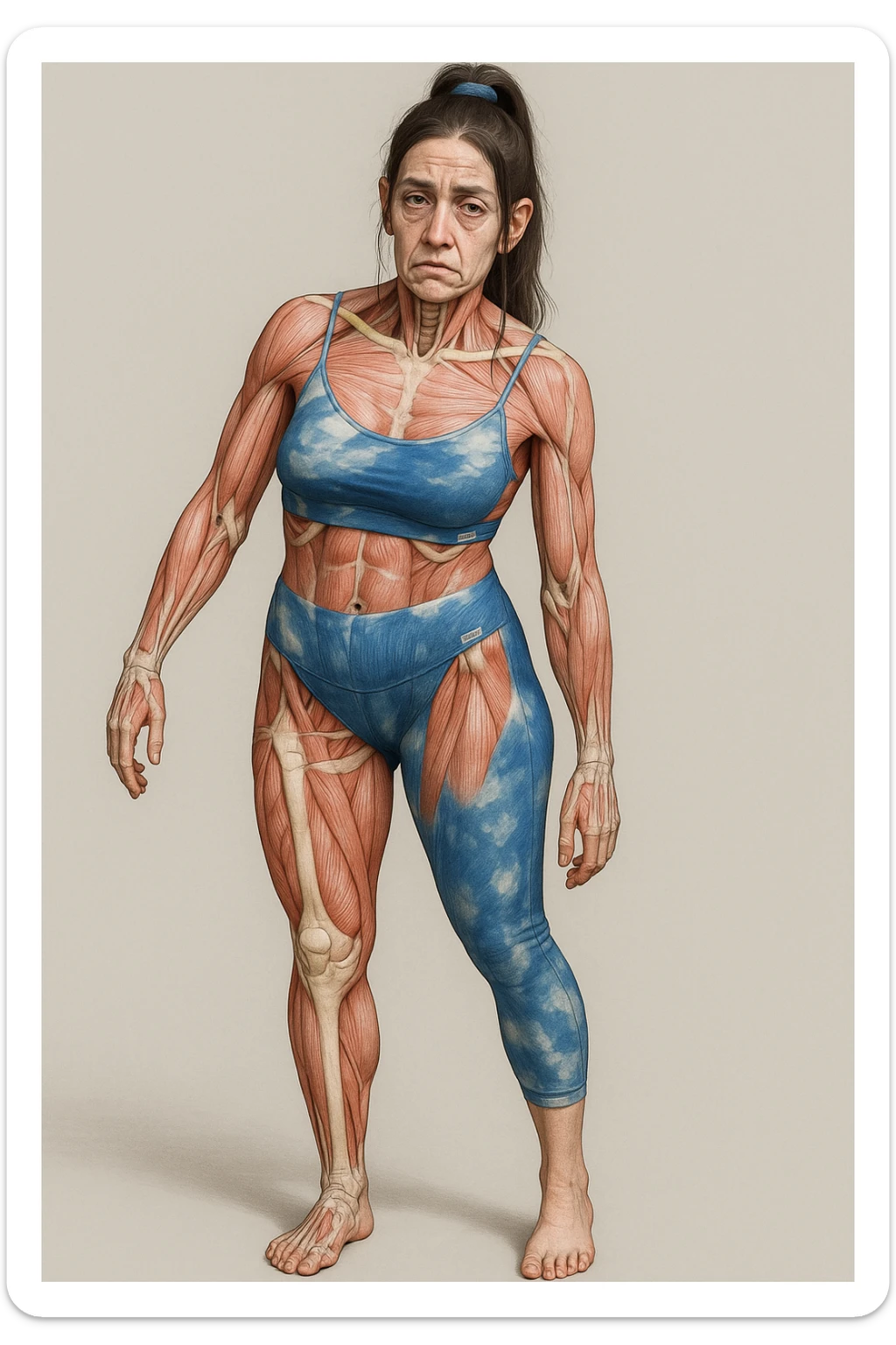 A woman in sportswear with an asymmetric posture, in a medical realistic style showing visible muscles and bones. The expression shows strong chronic stress signs including a tense face, dark circles under the eyes, and muscle tension. The background is neutral and the format is vertical. sticker