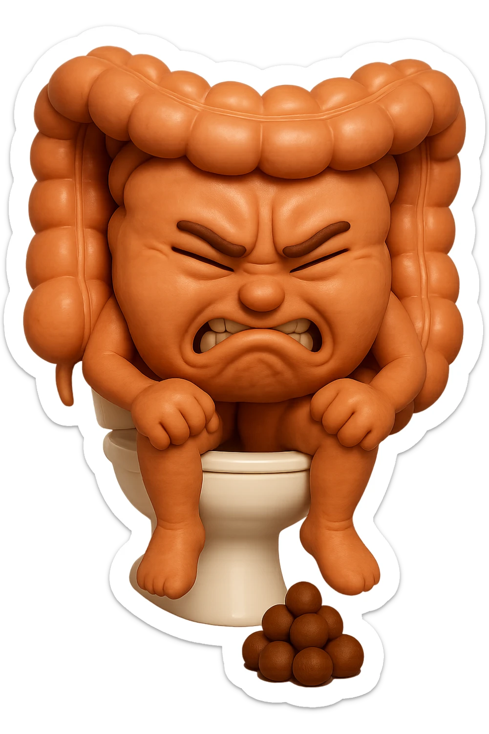 SU QUESTO STILE FAI UN EMOJI STILE IPHONE 3D DI UN INTESTINO CHE sta seduto sul wc e davanti ha una montagnetta di feci a palline stile emoji iphone, fallo senza naso e FAGLI UN ESPRESSIONE di dolore mentre si sforza E FALLO MOLTO REALISTICO IN 3D sticker