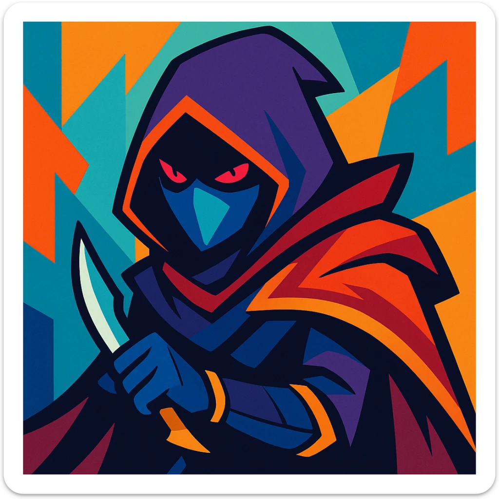 mysterious League of Legends assassin in a hood, vibrant cartoon style sticker