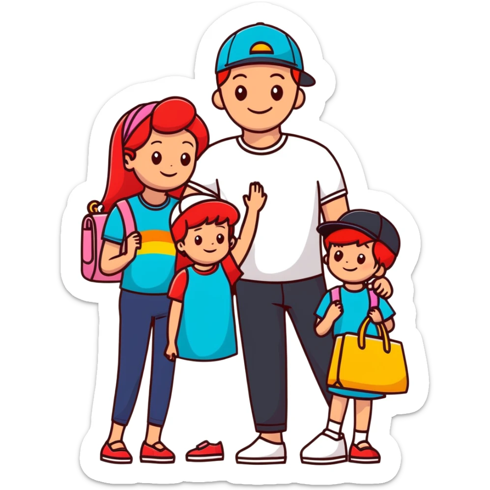 A happy family of four - father in white t-shirt and cap, mother with red hair in coral dress, young daughter in matching dress with rainbow handbag, teenage son in light embroidered shirt, all smiling together sticker