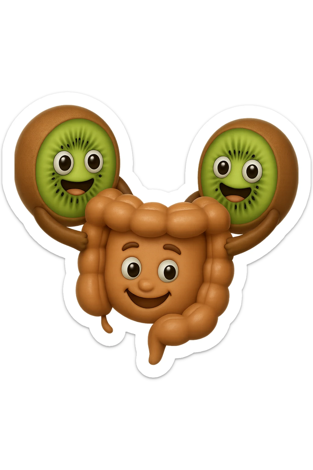 emoji stile iphone di kiwi fluttuano in aria tenendo in mano un pezzo di colon con espressione felice in volto, iperrealistico 4k sticker