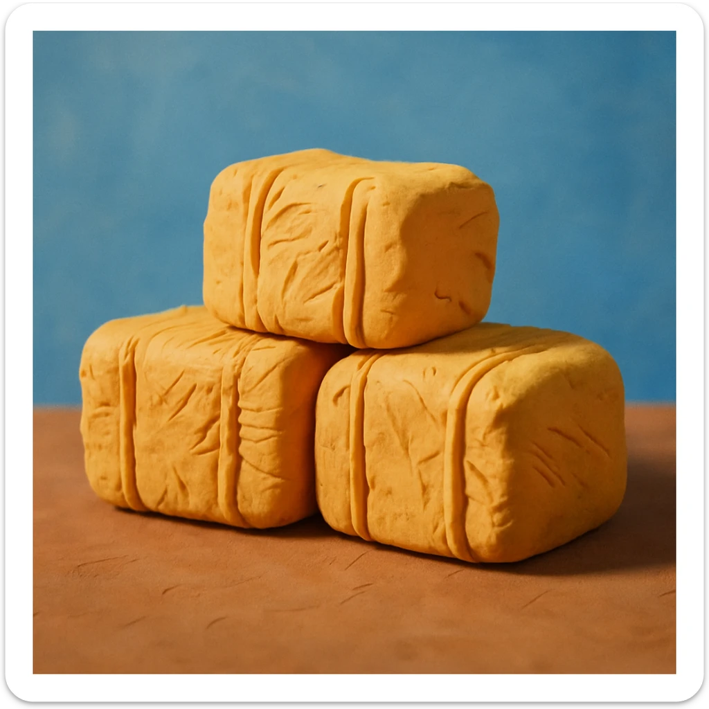 stacked hay bales with a blue sky background, playful and colorful, claymation style sticker