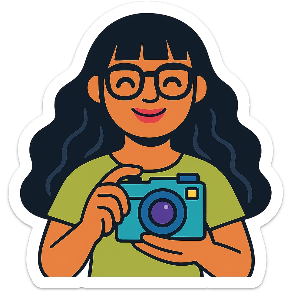 girl with long wavy black hair, bangs, black glasses, pink lip gloss, holding a teal camera, smiling with closed mouth, light moss green shirt, colorful illustration, friendly and modern style sticker