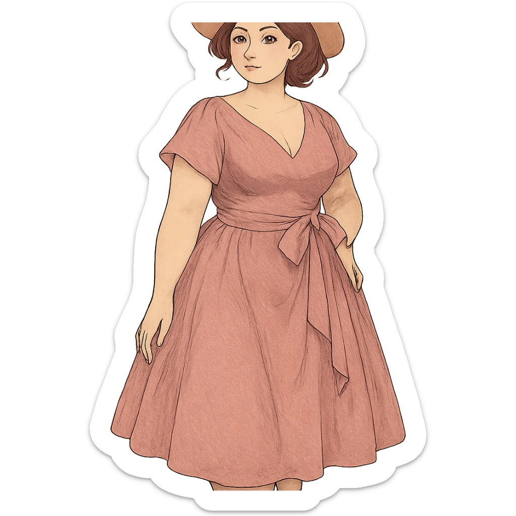 elegant fashion illustration of a curvy woman wearing a stylish dress, soft colors sticker