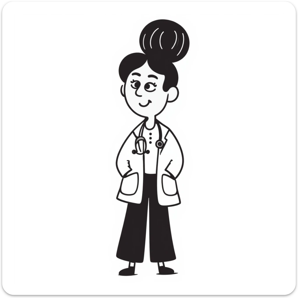 Female doctor with a different hairstyle, hand-drawn doodle style, wearing a white coat and stethoscope, cheerful expression. Maintain the hand-drawn doodle style and medical theme. sticker