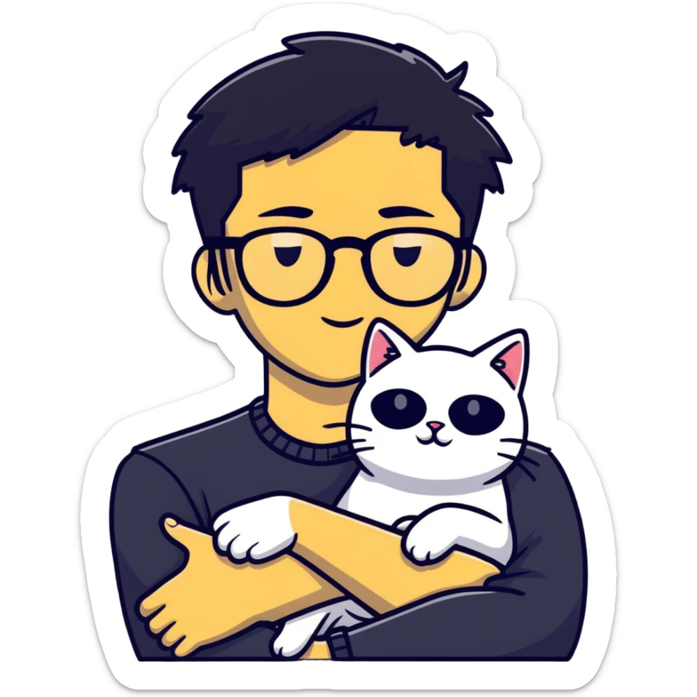 A young man with a long face and warm yellow-toned skin, black hair, wearing a pair of black glasses, cradling a grayish-white cat sticker
