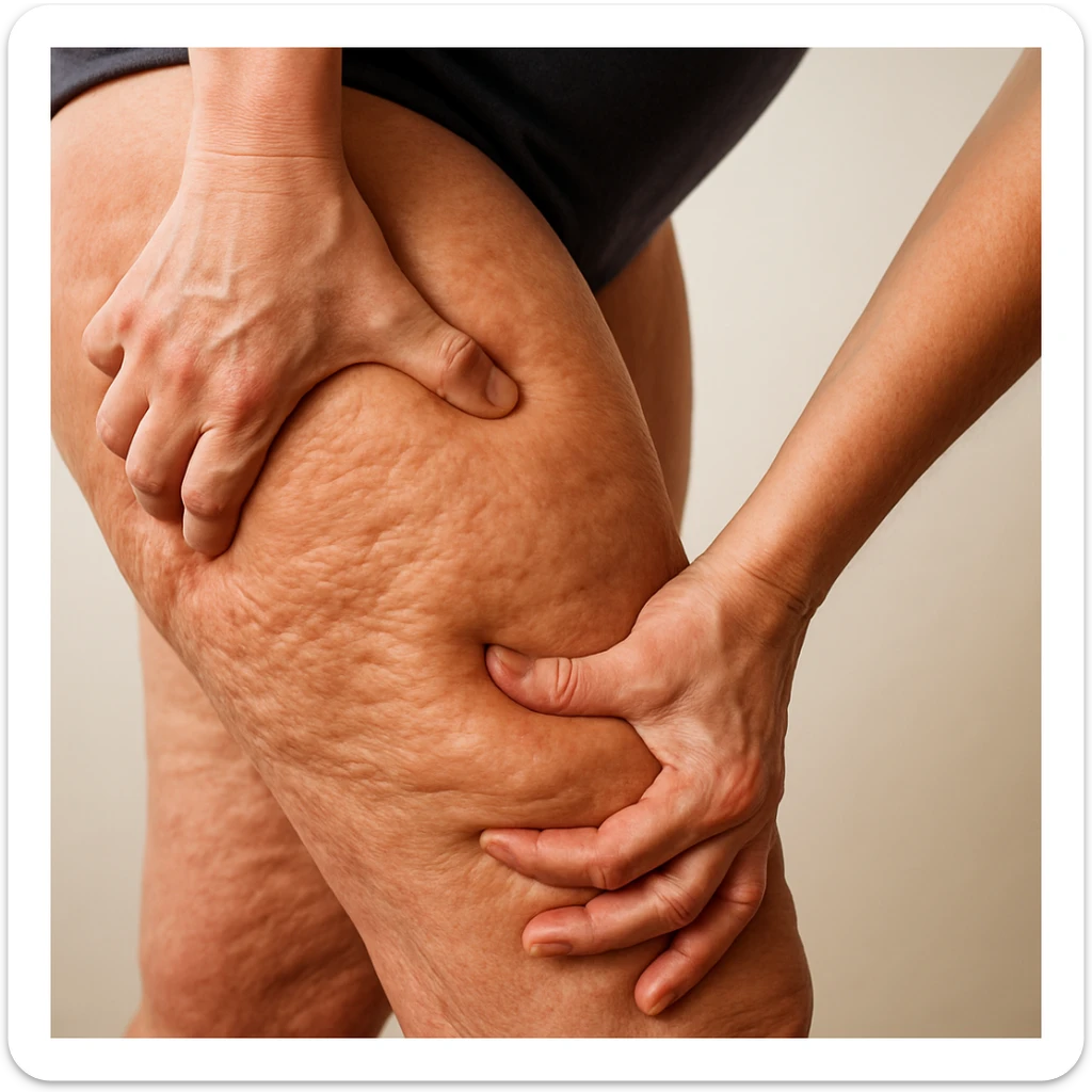 Hyperrealistic style, detail of swollen legs with orange peel skin, hand squeezing the skin, realistic anatomical details, 4K quality. Variant 3. sticker