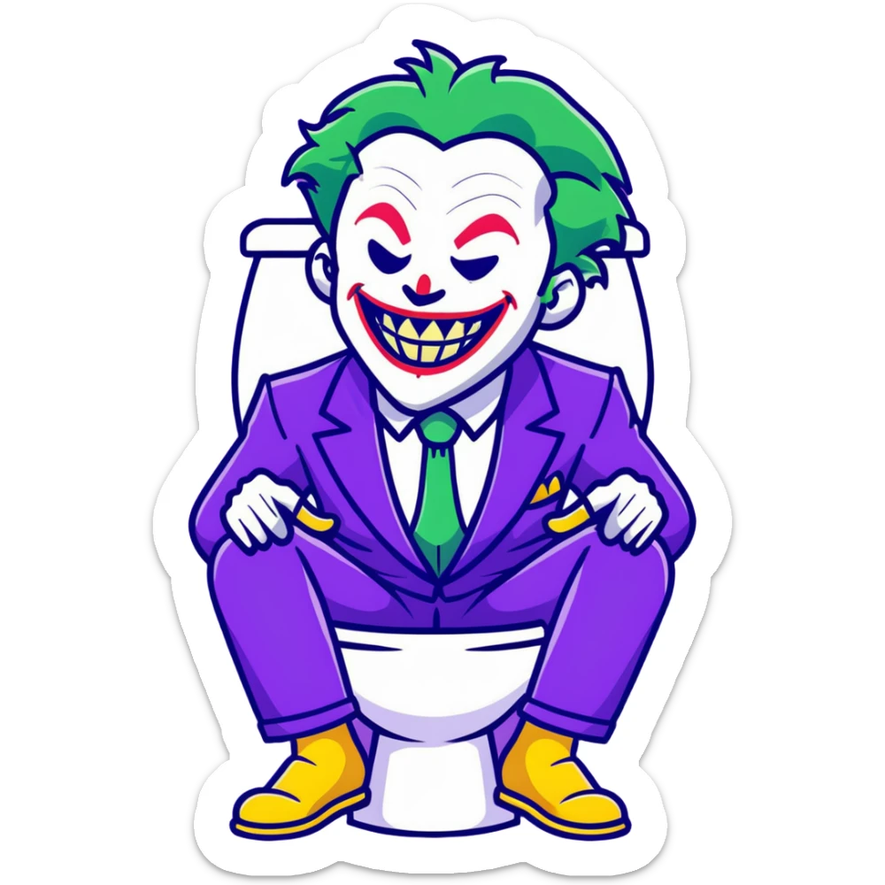 Joker villain sitting on toilet laughing maniacally, green hair, purple suit sticker