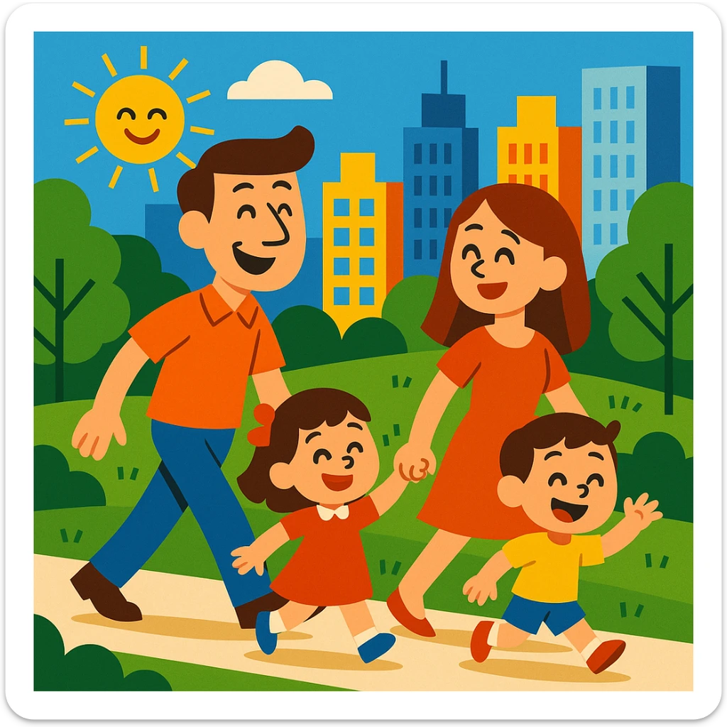 cartoon family walking in a city park, tall buildings in the background, vibrant colors, vibrant toon style sticker