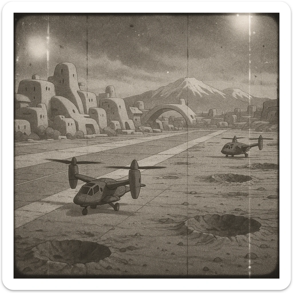8mm film black and white, no color, light leaks. the image shows post-war reconstruction-era life in the z'rian commonwealth capital region, santa-fe neo-adobe futuristic architechture. arctic temperate region. the image shows a vast airstrip, craters and blast marks. the aircraft are v-shaped skyrotor vtol dual engine tilt-rotors sticker