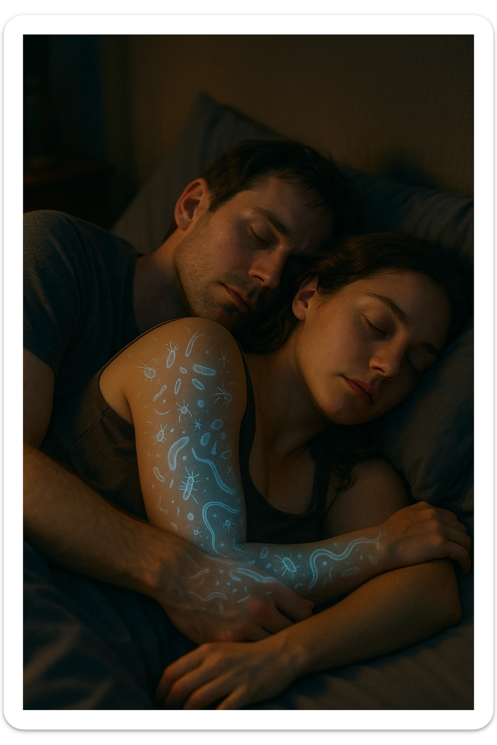 A hyper-realistic, cinematic image of a man and a woman sleeping together in the same bed under soft, dim night lighting, with their bodies close and touching. Their skin appears slightly illuminated where it touches, and under a subtle x-ray style overlay, faint ghostly silhouettes of microscopic parasites and worm-like organisms are visible crawling transdermally between their bodies, symbolizing silent, unnoticed parasite transmission during sleep. The environment is a cozy bedroom with warm tones, but the presence of the glowing parasites creates a slightly unsettling feeling, emphasizing the hidden danger. Their faces are calm, unaware, symbolizing the unconscious nature of the transmission. The image is detailed with a 35mm film hyperrealistic aesthetic, focusing sharply on the point of contact between their skin where the parasites pass, while the background remains softly blurred. The color palette uses muted warm browns and soft moonlight blues to maintain a nighttime, intimate feeling, contrasting with the translucent, glowing parasites to illustrate the hidden risk of transdermal parasite transmission while sharing a bed sticker