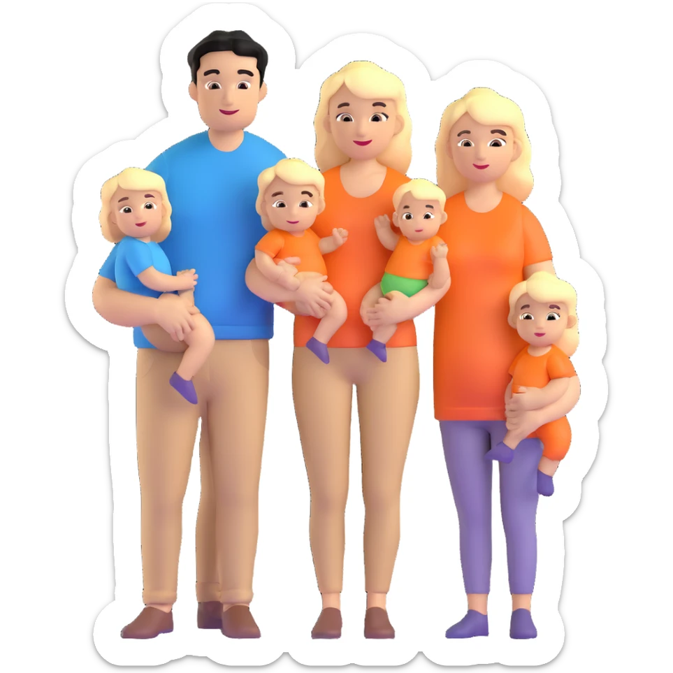 family with blond dad, brunette mom, blonde son, daughter with black hair, and a baby sticker