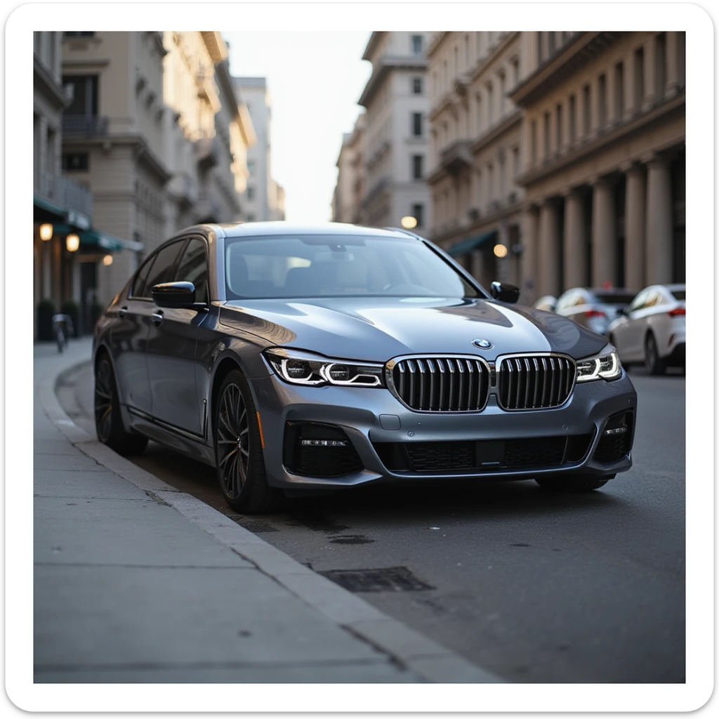 realistic BMW Series 7 2022 luxury car parked on a city street, photorealistic style sticker