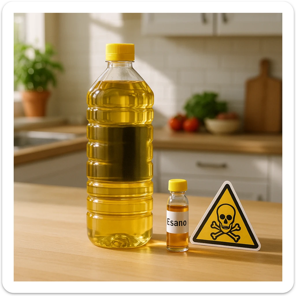 photographic style scene in a bright healthy kitchen with a refined bottle of seed oil (sunflower or soybean) in the foreground, next to a small vial labeled 'Esano' and a danger sign; natural light with a light shadow on the oil bottle suggesting ambiguity sticker