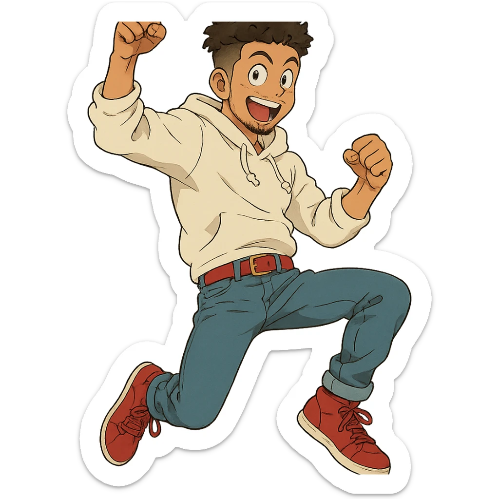 1 male, mid fade haircut dark chestnut brown curly hair, toasted lightskin, white hoodie sleeves up, fashion jeans, red fashion-sneakers shoes, red belt, short trimmed beard and goatee,  style of deku from "my hero academia", doing a "hype" pose sticker