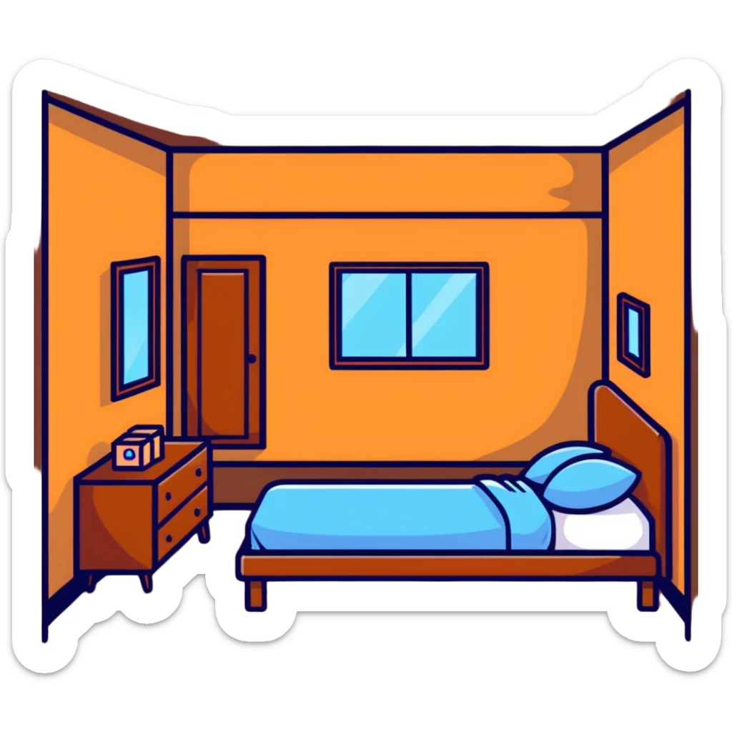 cute bedroom with cream colored walls, wooden bed frame, wooden shelves, fluffy rug, plants sticker