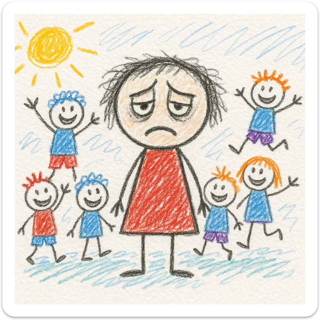 exhausted teacher in a bustling classroom sticker