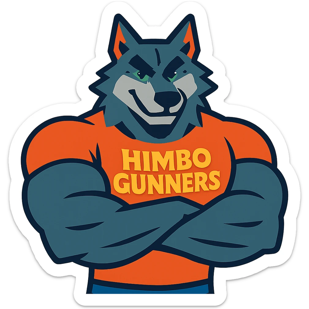 very muscular wolf furry with huge arms and chest, wearing a t-shirt with 'Himbo gunners', arms crossed sticker