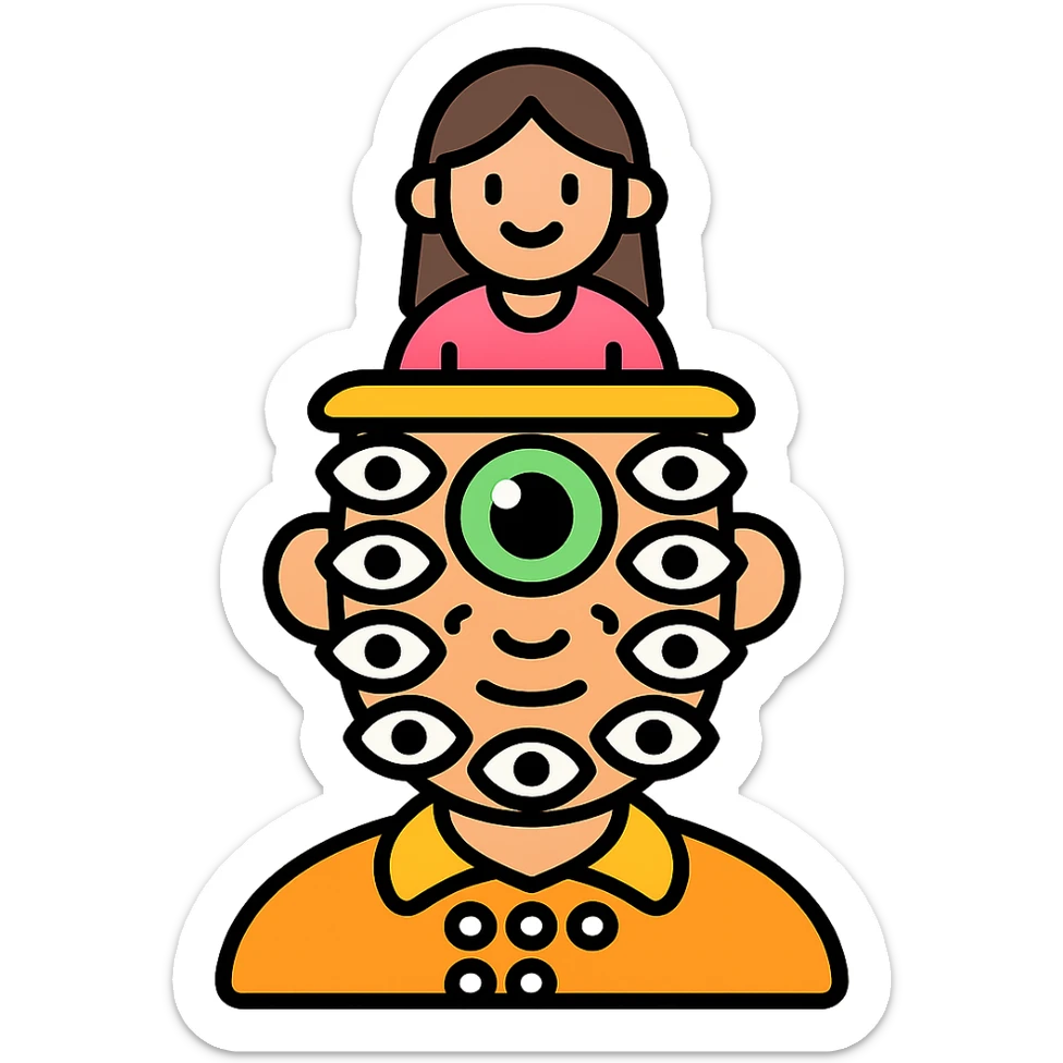 guy with 300 eyes, one big green eye in the middle of his head, hat made out of a girl on his head sticker