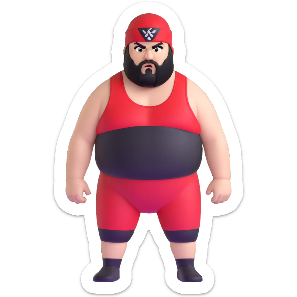 White skin fat guy with prominent black durag, black beard, black eyes in a red and black wrestling singlet with angry face sticker