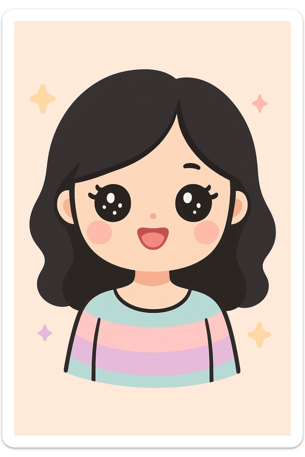 viral emoji girl, beige skin tone, doe eyes with cute eyelashes, light blush, pink glossy full lips, black off-shoulder 2b hair, wearing an aesthetic top, kawaii style sticker