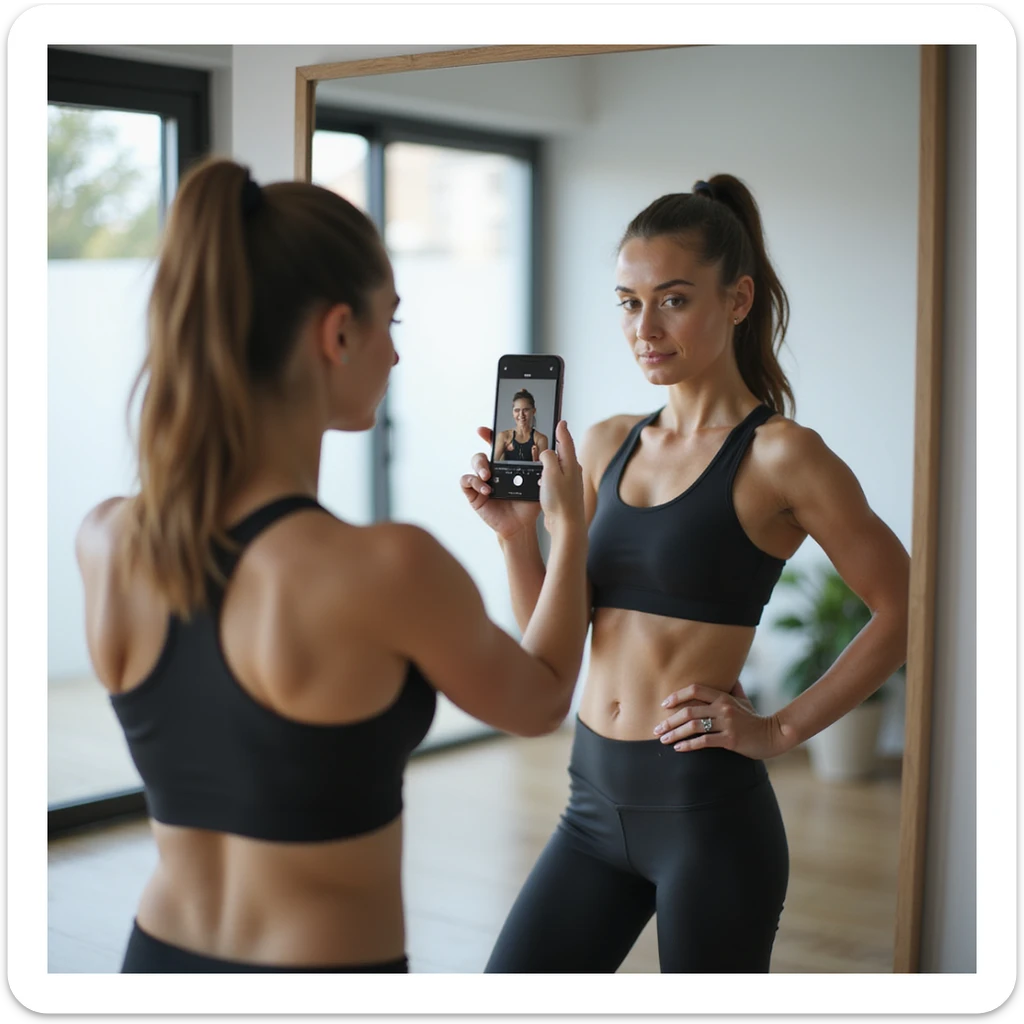 young woman in modern sportswear, standing pose in front of mirror in a bright room, doing a video check with smartphone for her coach, showing physical fitness, concentrated expression, hyperrealistic details, 4K, tidy and motivational environment sticker