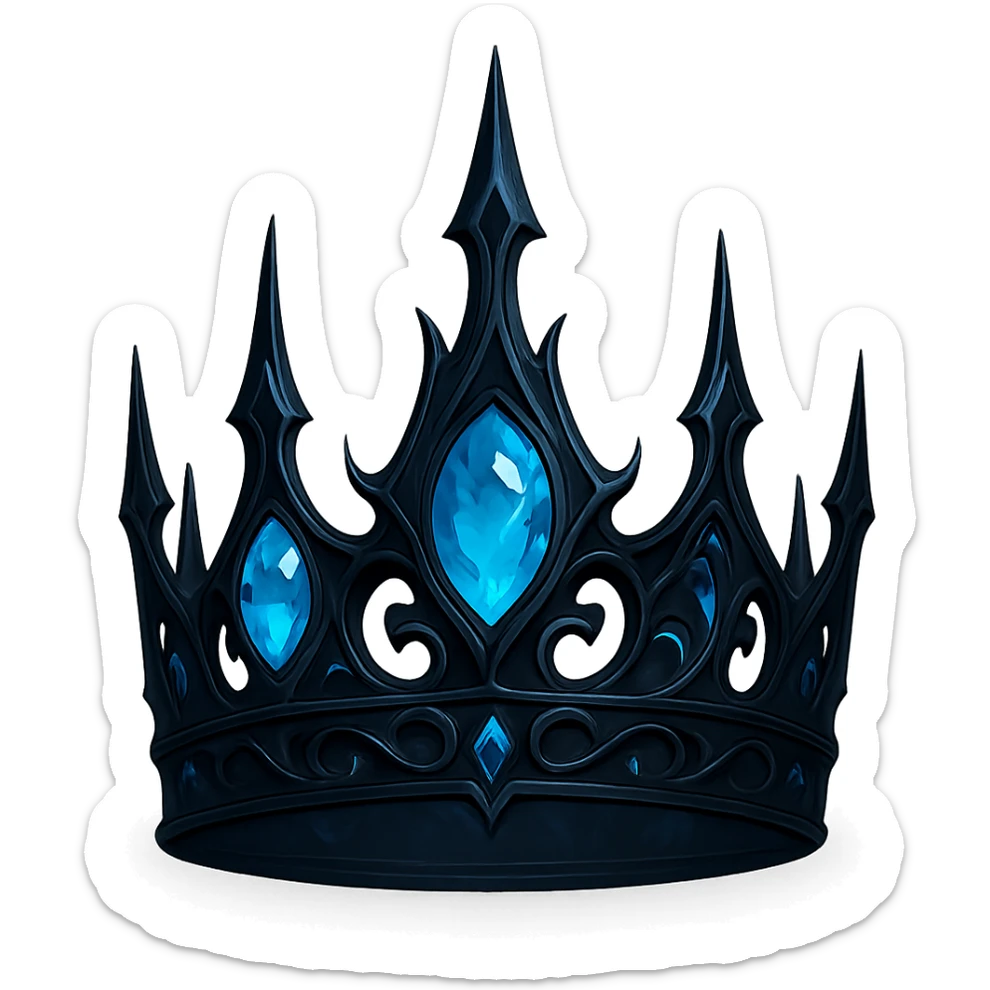 gothic crown in matte black with glowing blue accents and icy blue gems, haunting and magical sticker
