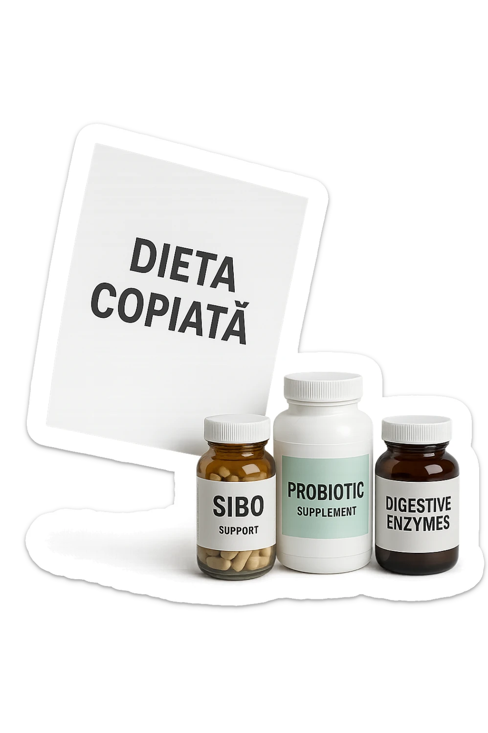 FOGLIO DI CARTA FLUTTUA IN ARIA CON LA SCRITTA "DIETA COPIATA", INSIEME A BARATTOLI DI INTEGRATORI PER CURARE IL SIBO, IPERREALISTICO 4K, NON DISEGNATO sticker