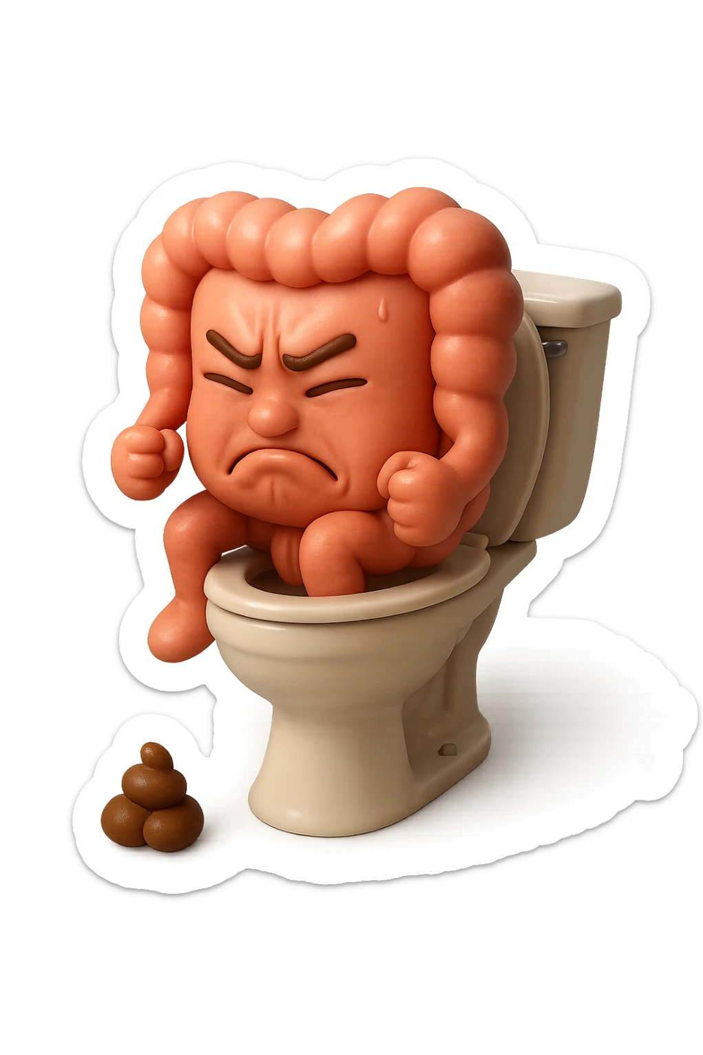 SU QUESTO STILE FAI UN EMOJI STILE IPHONE 3D DI UN INTESTINO CHE sta seduto sul wc e davanti ha una montagnetta di feci a palline stile emoji iphone, FAGLI UN ESPRESSIONE di dolore mentre si sforza E FALLO MOLTO REALISTICO IN 3D sticker