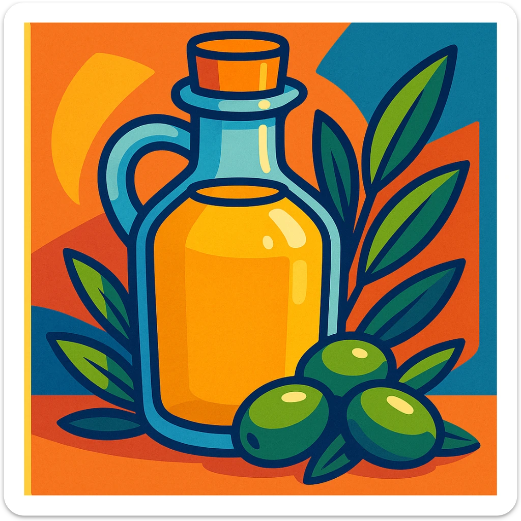 cartoon style olive oil bottle with olives and leaves, vibrant colors sticker