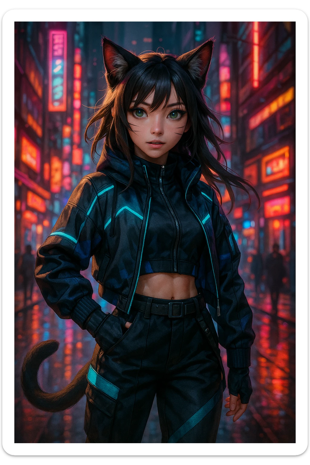 realistic anime catgirl in cyberpunk streetwear, neon lights, futuristic city background sticker
