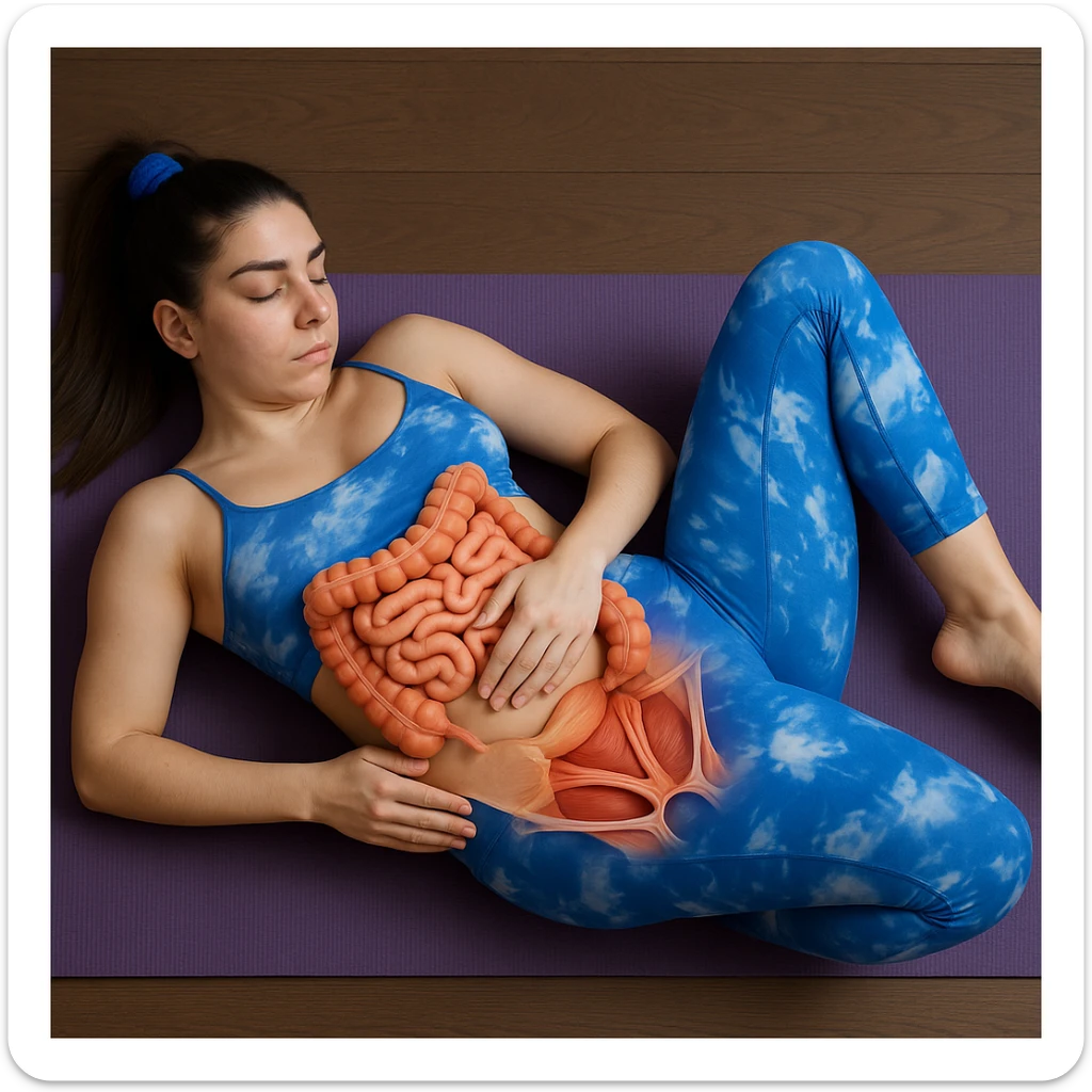 A slender woman in 4K lying on a yoga mat, knees bent towards the chest, one hand on the abdomen, with an anatomical overlay highlighting the intestine and pelvic muscles, inspired by the reference photo. sticker