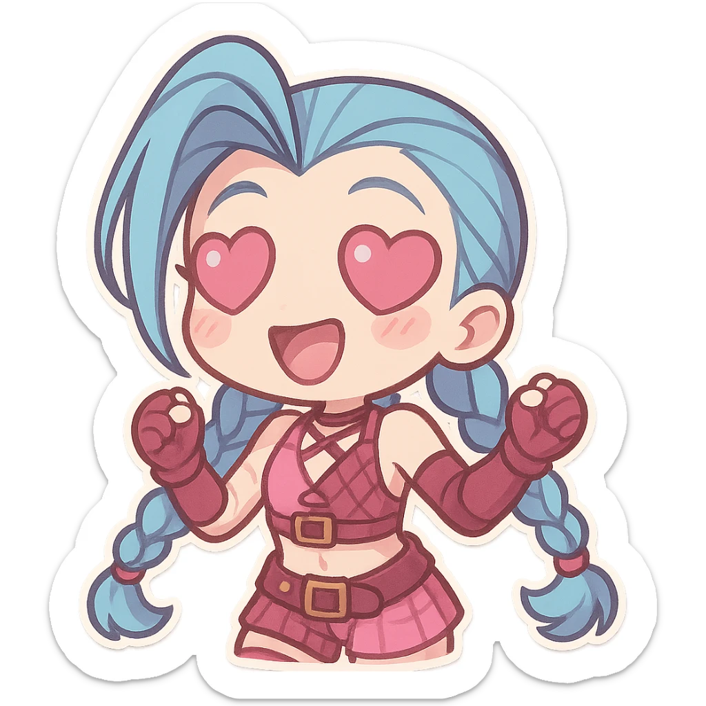 Jinx from League of Legends with heart-shaped eyes, chibi style, wearing a pink outfit sticker