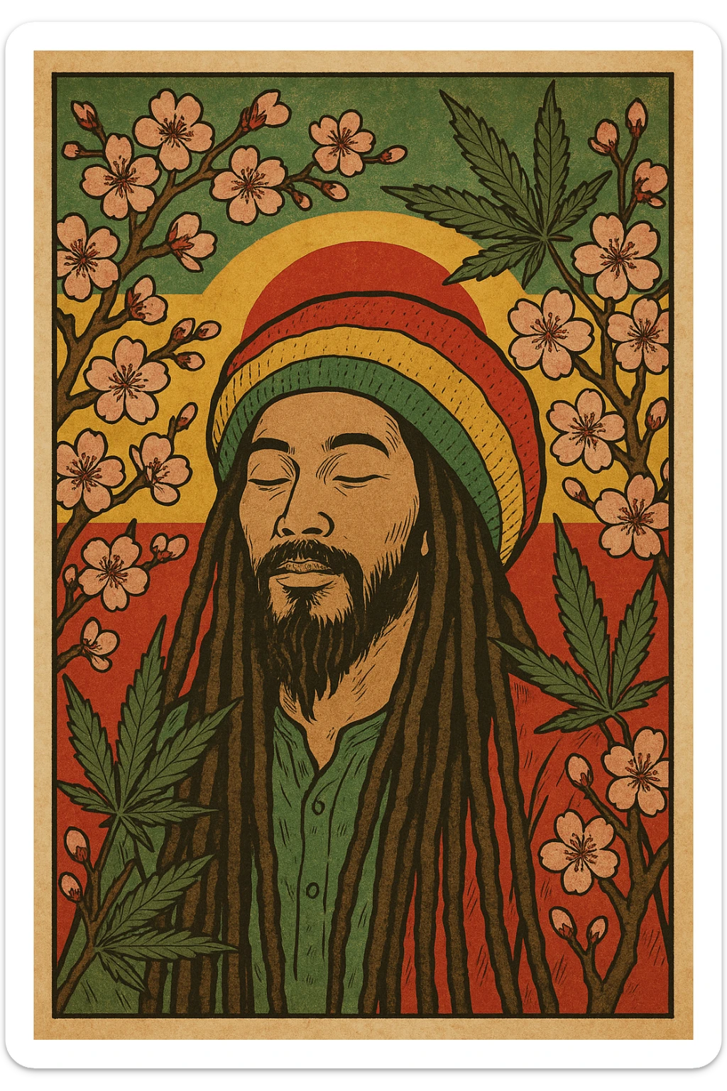 Vintage poster of an Asian Rasta with long dreadlocks, peaceful eyes, and a red-gold-green tam. Surrounded by cherry blossoms and ganja leaves. Background blends Rasta colors into an Asian flag (e.g., red sun from Japan or Chinese star). Retro reggae fusion vibe, with bold lines and aged paper texture.
 sticker
