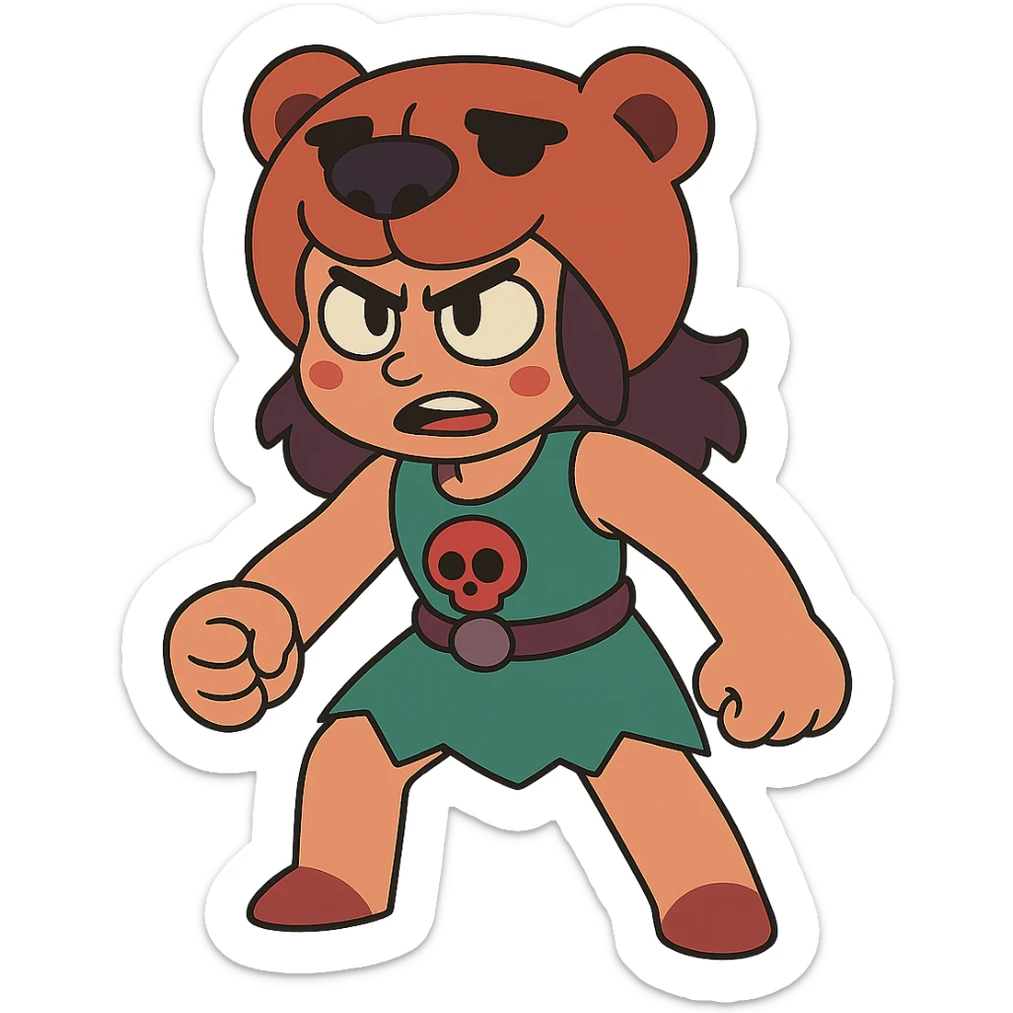 Nita from Brawl Stars, powerful stance, vibrant colors, cartoon style sticker