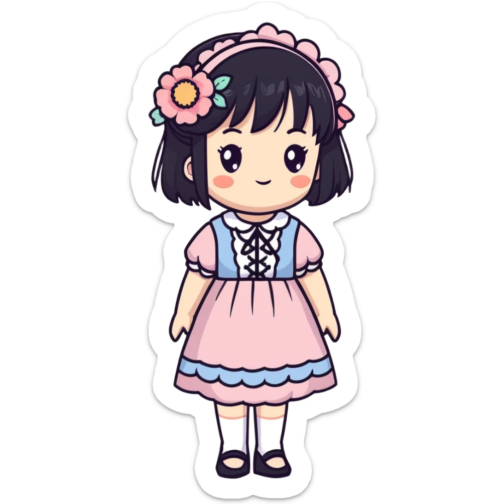 Adorable anime girl with black hair in a beautiful cottagecore dress with pastel colors and floral elements sticker