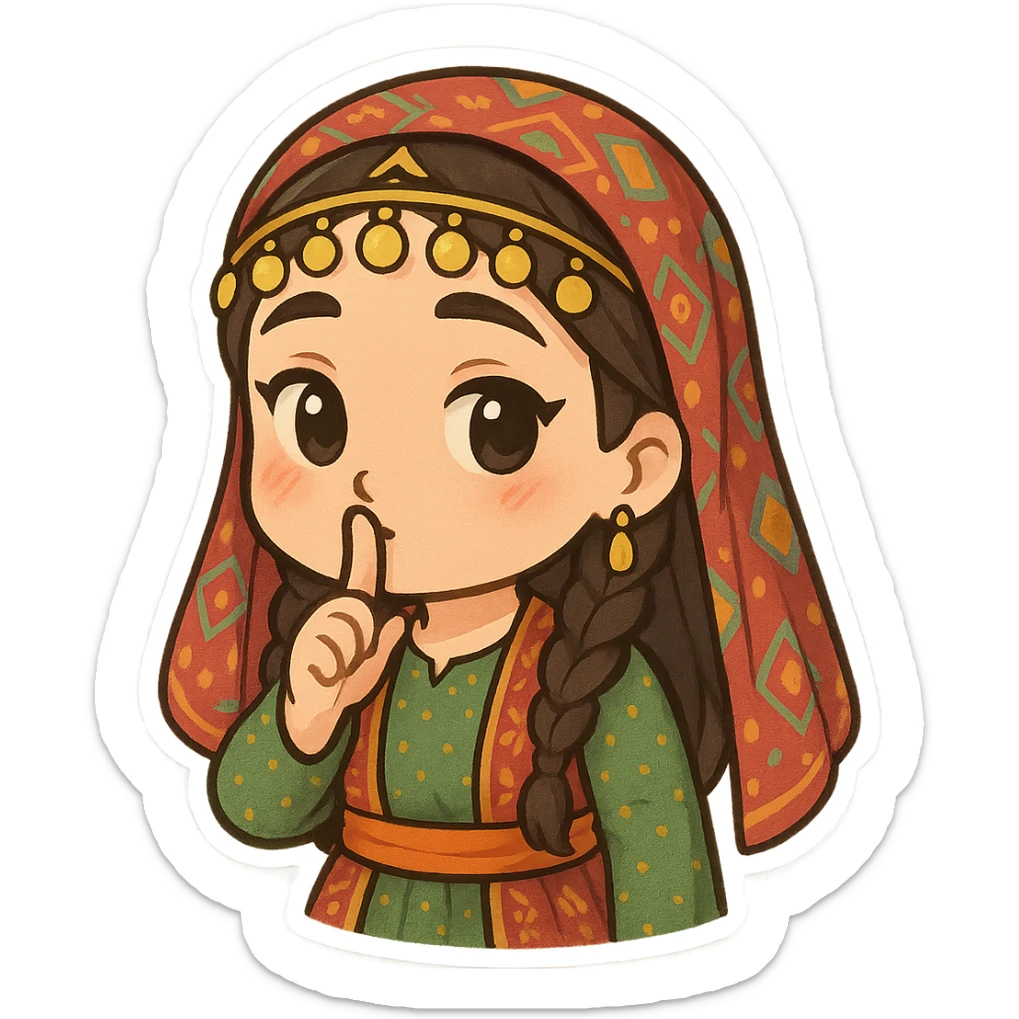 Kurdish man or woman in jamadani, cartoon style, making a 'shh' gesture with finger on lips, no text sticker