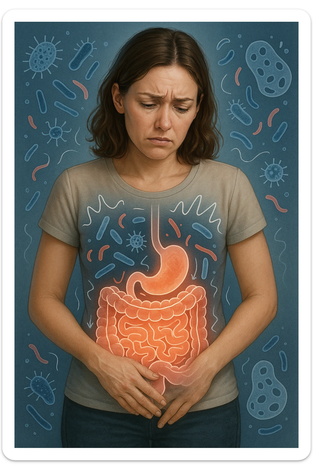 Donna con disequilibrio della flora microbica intestinale 4k sticker