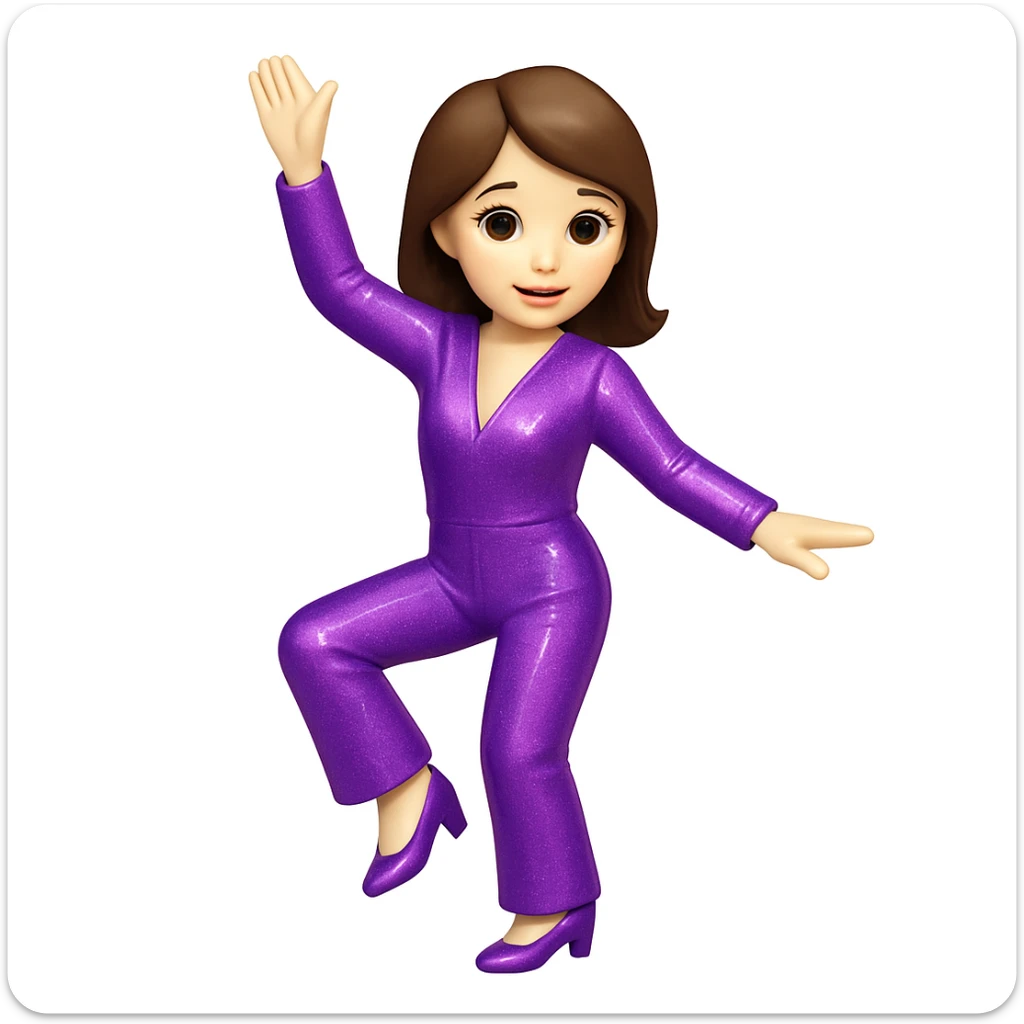 Make the woman do the exact pose of the 🕺🏻 emoji (one arm up, one arm out, one leg bent), keep white skin, brown hair, sparkly jumpsuit, emoji style sticker