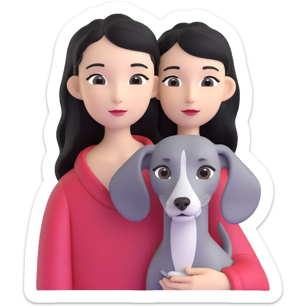 Slim Chinese girl with long black hair holding solid grey Italian greyhound with no white markings on nose sticker